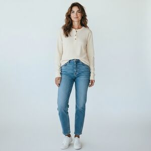Old Navy Women's White Waffle Knit Henley Top